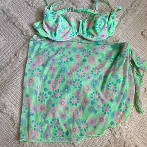Colorful 70s vibe Floral Bikini Set with Sarong